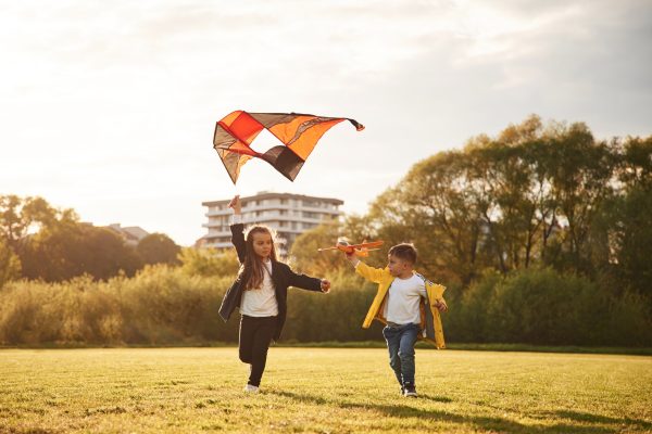 Two kids are playing with kite on the summer field